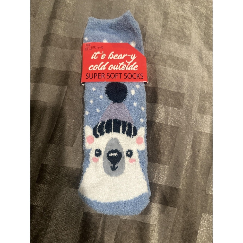 Polar Bear Super Soft Socks Womens Shoe 4-10 Blue Bear Fuzzy Winter Cozy